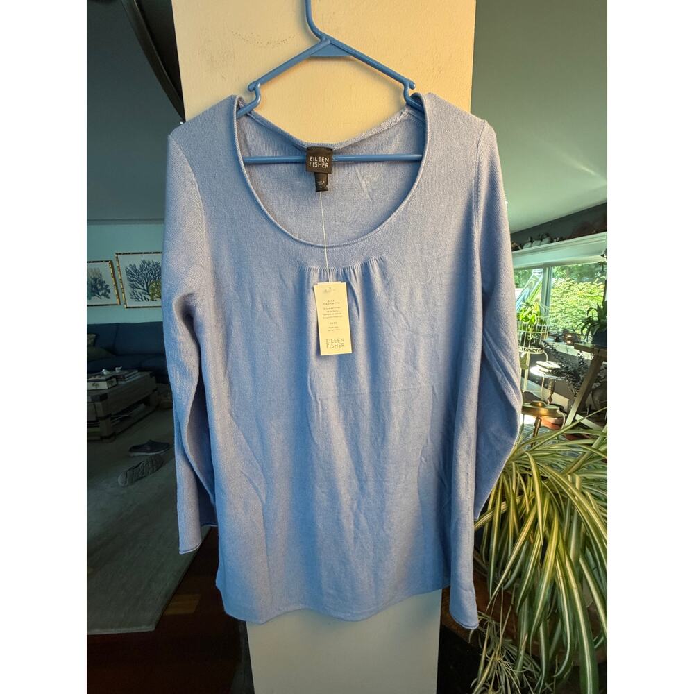 Eileen Fisher Silk Cashmere Sweater L Blue Scoop Neck Knit‎ Quiet Luxury NWT - Picture 2 of 6